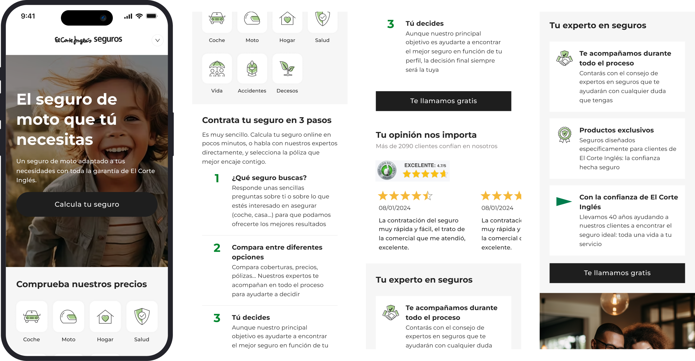 Home de Seguros El Corte Inglés — hero, compra en 3 pasos, opiniones y experto en seguros