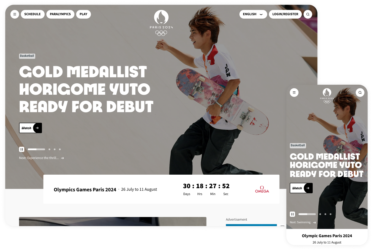 Web responsive de Paris 2024 — desktop y móvil
